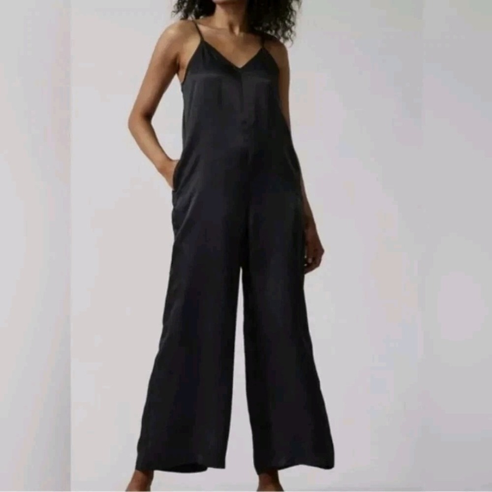 Athleta Calm Cool Romper XL Black Wide Leg Jumpsuit Travel Lagenlook Minimalist